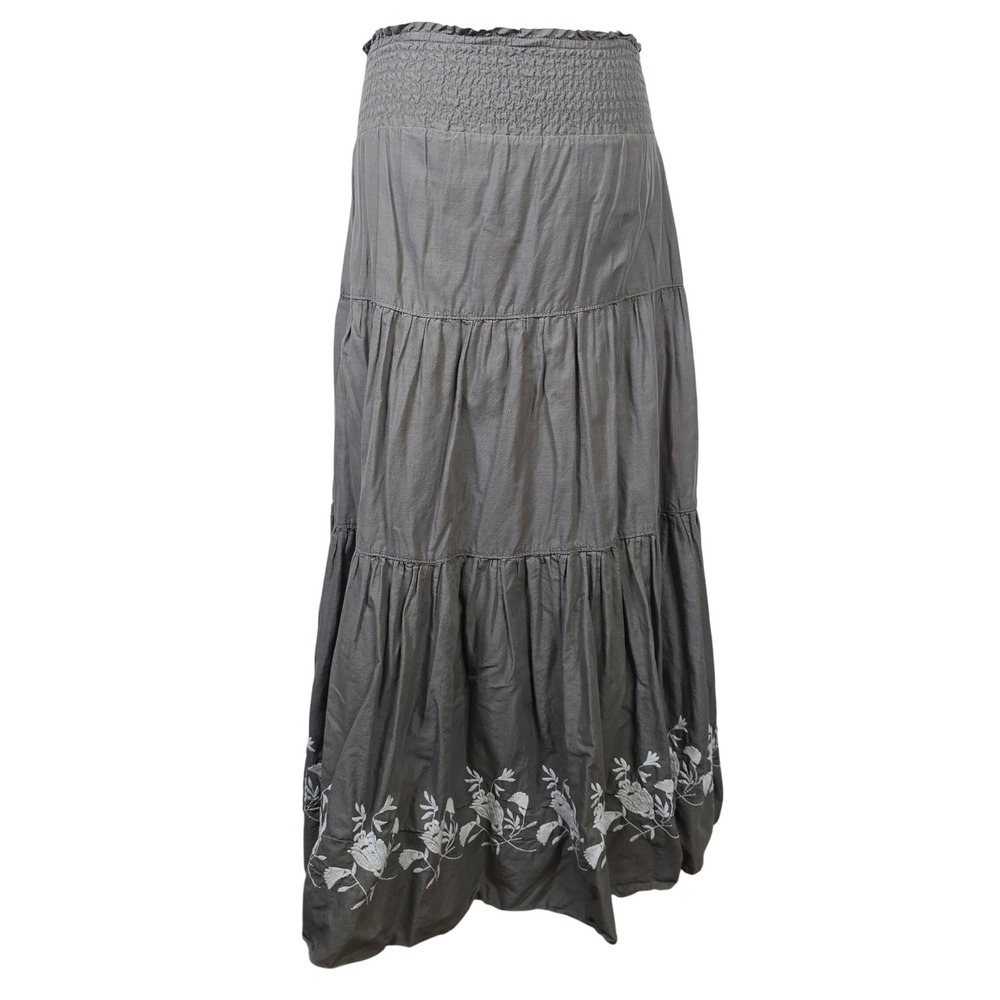 Old Navy Gray Tiered Maxi Skirt XS Cotton Smocked Waist Floral Embroidered 2010